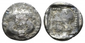 Lesbos, Methymna Diobol circa 500-480/460, AR 11mm., 1.12g. Facing gorgoneion. Rev: Helmeted head of Athena l. within pelleted linear border within in...