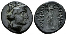 Phrygia, Apameia Bronze circa 100-50 BC, Æ 15mm., 3.75g. Turreted head of Artemis r.; bow and quiver over her shoulder. Rev. Marsyas advancing r., pla...