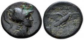 Phrygia, Apameia Bronze circa 88-40, Æ 20mm., 6.66g. Bust of Athena r., wearing crested Corinthian helmet and aegis. Rev. Eagle r., landing on maeande...