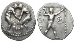 Pamphilia, Aspendus Stater circa 380-325, AR 23mm., 10.86g. Two wrestlers grappling; below, BA. Rev. Slinger to r.; in field r., triskeles. SNG von Au...