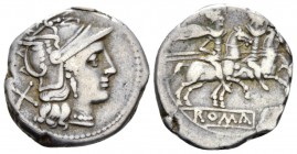 Denarius circa 189-180, AR 18.5mm., 3.77g. Helmeted head of Roma r.; behind, X. Rev. The Dioscuri galloping r.; below, ROMA in partial tablet. Sydenha...