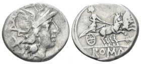 Feather series Denarius circa 179-170, AR 18.5mm., 3.60g. Helmeted head of Roma r.; behind, X. Rev. Luna in prancing biga r.; below, feather and ROMA ...