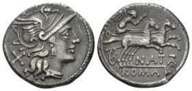 Pinarius Natta. Denarius circa 149, AR 18.8mm., 3.74g. Helmeted head of Roma r.; behind, X. Rev. Victory in biga r., holding reins and whip; below, NA...