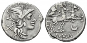 Denarius circa 143, AR 18.7mm., 3.82g. Helmeted head of Roma r.; behind, X. Rev. Diana in prancing biga of stags r., holding torch and reins; below, c...