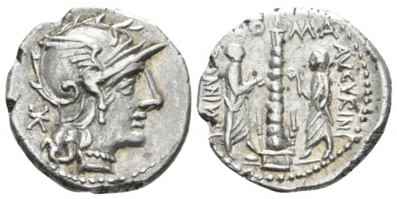 Ti. Minucius C. f Augurinus. Denarius circa 134, AR 18.mm., 3.93g. Helmeted head...