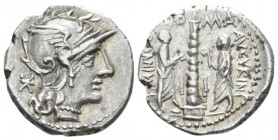 Ti. Minucius C. f Augurinus. Denarius circa 134, AR 18.mm., 3.93g. Helmeted head of Roma r.; behind, *. Rev. TI·MINVCI C F – AVGVRINI Two figures at s...