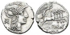 P. Maenius M.f. Antias or Antiaticus. Denarius circa 132, AR 19.5mm., 3.97g. Helmeted head of Roma r.; behind, *. Rev. Victory in prancing quadriga r....