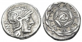 M. Caecilius Q.f. Q.n. Metellus Denarius circa 127, AR 18mm., 3.81g. Helmeted head of Roma r., with star on flap; behind, ROMA upwards and below chin,...