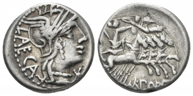 M. Porcius Laeca Denarius circa 125, AR 17.5mm., 3.87g. Helmeted head of Roma r....