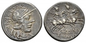 Q. Minicius Rufus. Denarius circa 122, AR 19mm., 3.88g. Helmeted head of Roma r.; behind, RVF and below chin, X. Rev. The Dioscuri galloping r.; below...