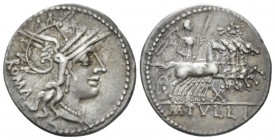 M. Tullius. Denarius circa 121, AR 20.5mm., 3.88g. Helmeted head of Roma r.; behind, ROMA. Rev. Victory in prancing quadriga r., holding palm branch; ...