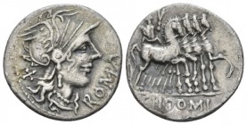 Cn Domitius Ahenobarbus. Denarius 116 or 115, AR 20mm., 3.78g. Helmeted head of Roma r.; behind, X and before, ROMA. Rev. Jupiter in prancing quadriga...