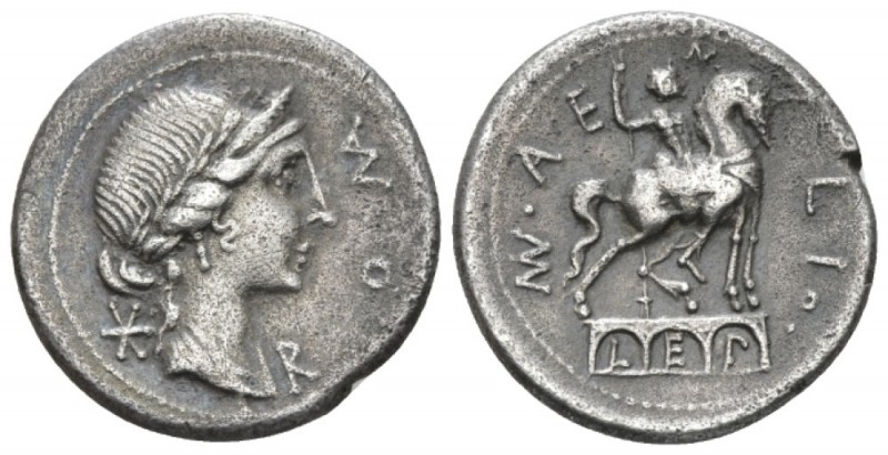 Man. Aemilius Lepidus Denarius 114 or 113, AR 20mm., 3.77g. ROMA Laureate, diade...