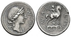 Man. Aemilius Lepidus Denarius 114 or 113, AR 20mm., 3.77g. ROMA Laureate, diademed and draped bust of Roma r.; behind, *. Rev. MN·AE – MILIO. Equestr...