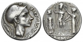 Cn. Blasio Cn. f. Denarius 112 or 111, AR 18.2mm., 3.81g. Helmeted head of Mars r.; below, CN·BLASIO·CN·FS. Behind head, palm branch. Rev. Jupiter sta...