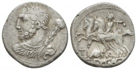 Ti. Quinctius Denarius circa 112 or 111, AR 18.5mm., 3.84g. Bust of Hercules l. seen from behind, with club above r. shoulder. Rev. Desultor l.; behin...