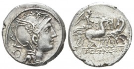 Appius Claudius Pulcher, T Manlius Mancinus and Q. Urbinius. Denarius 111 or 110, AR 17.5mm., 4.05g. Helmeted head of Roma r.; behind, quadrangular de...