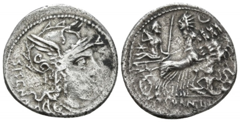 Cn. Cornelius L.f. Sisenna. Denarius circa 118-107, AR 21mm., 3.78g. Helmeted he...