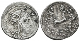 Cn. Cornelius L.f. Sisenna. Denarius circa 118-107, AR 21mm., 3.78g. Helmeted head of Roma r.; behind, SISENA; before, ROMA; below, X. Rev. Jupiter in...