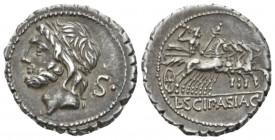 L. Cornelius Scipio Asiaticus. Denarius serratus circa 106, AR 19.5mm., 3.58g. Laureate head of Jupiter l.; behind, P surmounted by pellet. Rev. Jupit...