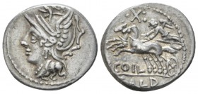 C. Coelius Caldus. Denarius circa 104, AR 18.5mm., 3.78g. Helmeted head of Roma l. Rev. Victory in prancing biga l.; above, S : and below, C·COIL. In ...