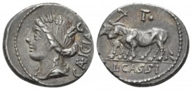 L. Cassius Caecianus Denarius circa 102, AR 18mm., 3.91g. Draped bust of Ceres l., wearing barley wreath; behind, CAEICIAN. In upper r. field on top o...