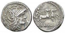 L. Iulius. Denarius circa 101, AR 18.5mm., 3.89g. Helmeted head of Roma; behind, corn ear. Rev. Victory in prancing biga r.; below, L·IVLI. Babelon Ju...