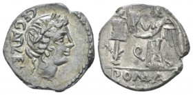 C. Egnatuleius C.f. Quinarius circa 97, AR 16.5mm., 1.90g. C·EGNATVLEI·C·F·Q Laureate head of Apollo r. Rev. Victory standing l. inscribing shield set...