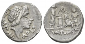 L. Pomponius Molo. Denarius circa 97 (?), AR 18mm., 3.77g. L·POMPON·MOLO Laureate head of Apollo r. Rev. Numa Pompilius, holding lituus behind lighted...