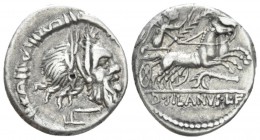 D. Iunius Silanus L.f. Denarius circa 91, AR 18mm., 3.97g. Mask of Silanus r.; below, plough; torque as border. Rev. Victory in biga r., holding reins...