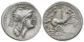 D. Iunius Silanus L.f. Denarius circa 91, AR 19mm., 3.73g. Helmeted head of Roma r.; behind N. Rev. Victory in biga r., holding palm-branch and reins ...