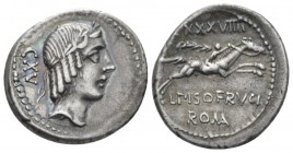 L. Piso Frugi. Denarius circa 90, AR 19mm., 3.80g. Laureate head of Apollo r.; behind, CXV. Rev. Horseman galloping r., holding palm-branch; above, LX...