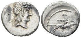 L. Piso Frugi. Denarius circa 90, AR 19mm., 3.90g. Laureate head of Apollo r.; behind, bow and quiver. Rev. Horseman galloping r., holding palm-branch...