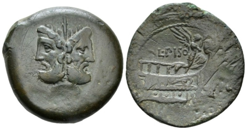 L. Piso Frugi. As circa 90, Æ mm., g. Laureate head of Janus; above, mark of val...