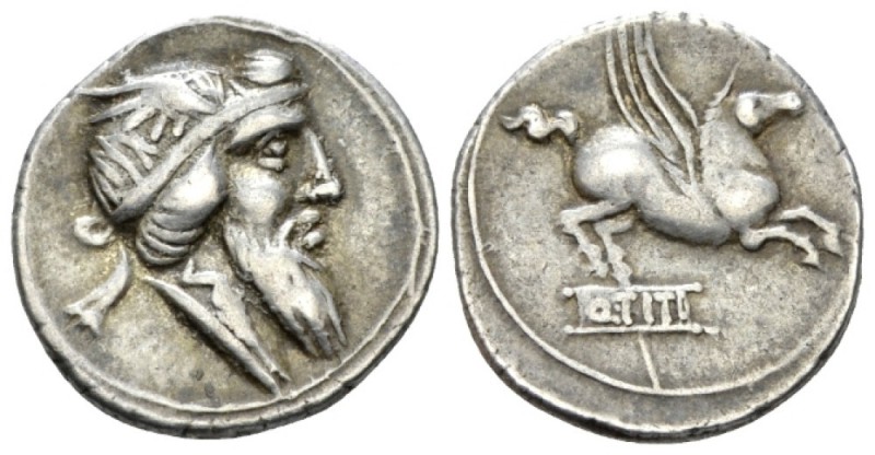 Denarius circa 90, AR 19mm., 3.83g. Head of Mutinus Titinus r., wearing winged d...