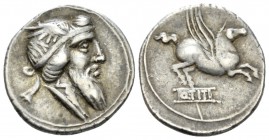 Denarius circa 90, AR 19mm., 3.83g. Head of Mutinus Titinus r., wearing winged diadem. Rev. Pegasus prancing r.; below, Q·TITI in linear frame. Babelo...