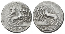 C. Vibius C.f. Pansa. Denarius circa 90, AR 18.5mm., 3.93g. Minerva in fast quadriga l., holding spear and reins in r. hand and trophy in l.; in exerg...