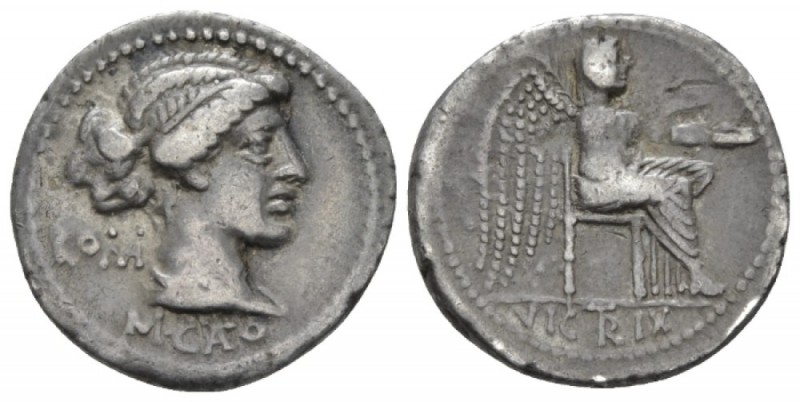 M. Cato. Denarius circa 89, AR 19mm., 3.96g. Diademed and draped female bust r.,...