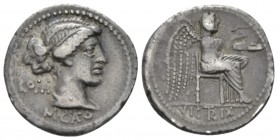 M. Cato. Denarius circa 89, AR 19mm., 3.96g. Diademed and draped female bust r., behind, ROMA and below neck truncation, M CATO. Rev. Victory seated r...