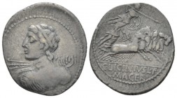 C. Licinius L.f. Macer. Denarius circa 84, AR 20.5mm., 4.00g. Bust of Apollo seen from behind, with head turned l, holding thunderbolt in r. hand. Rev...