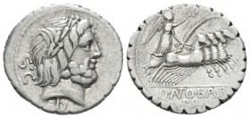 Q. Antonius Balbus. Denarius serratus circa 83-82, AR 19.5mm., 3.77g. Laureate head of Jupiter r.; behind, S·C and below neck, O. Rev. Victory in quad...