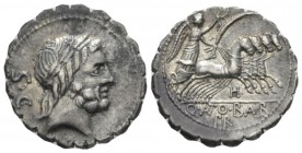 Q. Antonius Balbus. Denarius serratus circa 83-82, AR 19.5mm., 3.99g. Laureate head of Jupiter r.; behind, S·C. Rev. Victory in quadriga r., holding r...