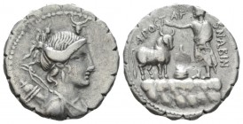 A. Postumius Albinus. Denarius serratus circa 81, AR 18.5mm., 3.65g. Draped bust of Diana r., with bow and quiver over shoulder; above head, bucranium...