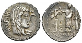 A. Postumius Albinus. Denarius serratus circa 81, AR 19.5mm., 3.85g. HISPAN Veiled head of Hispania r. Rev. A – POST·A·F – ·S·N – ALBIN Togate figure ...