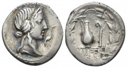 Q. Caecilius Metellus Pius. Denarius circa 81, AR 18.5mm., 3.91g. Diademed head of Pietas r.; before, stork. Rev. Jug and lituus; in exergue, IMPER. A...