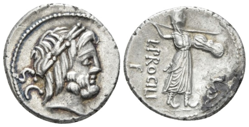 L. Procilius. Denarius circa 80, AR 17.5mm., 3.77g. Laureate head of Jupiter r.;...