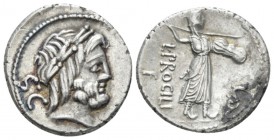 L. Procilius. Denarius circa 80, AR 17.5mm., 3.77g. Laureate head of Jupiter r.; behind, S·C. Rev. L·PROCILI / F Juno Sospita standing r., holding shi...