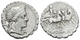 C. Naevius Balbus. Denarius serratus circa 80, AR 19mm., 3.80g. Diademed head of Venus r.; behind, S·C and before, B. Rev. Victory in prancing triga r...