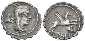 L. Papius. Denarius serratus circa 79, AR 20mm., 3.71g. Head of Juno Sospita r.; behind, forepart of lion. Rev. Gryphon leaping r.; below, forepart of...