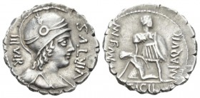 Mn. Aquillius. Denarius serratus 71, AR 20mm., 3.94g. VIRTVS – III VIR Helmeted and draped bust of Virtus right. Rev. MN AQVIL – MN·F MN·N Warrior, ho...